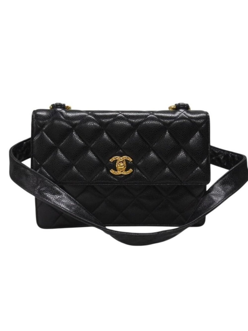 Chanel Bag Caviar Leather CC Logo Black Vintage Gold